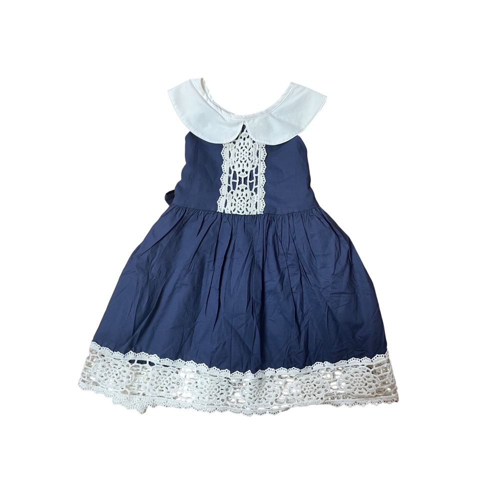 Honeydew Navy Blue Cotton Dress White Lace Peter Pan Collar Sz 2T southern charm